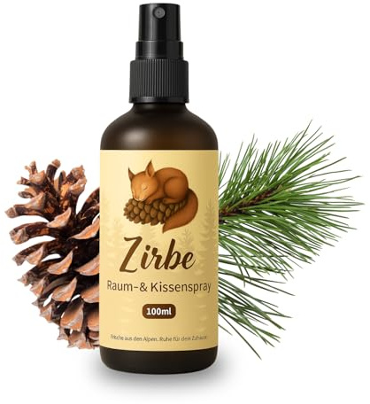 Zirben Kissenspray & Raumspray – 100 ml Naturrein mit echtem Zirbenöl – Frischer, Holziger Duft Zirbelkiefer aus Österreich – Aromaspray für Schlafzimmer, Zuhause & Auto