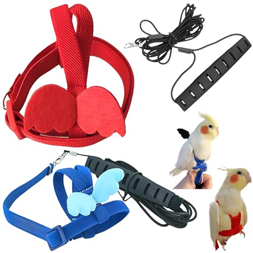 Persiiious 2 Pièces Harnais pour Perroquet, avec Corde Traction 2 M, Harnais pour Oiseaux, Harnais Réglable pour Oiseaux, Applicable à Calopsittes, Conure à Joues Vertes(Rouge et Bleu,M)