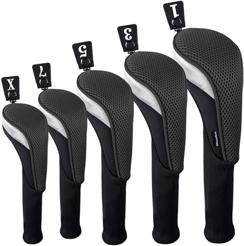 Andux 5 Fundas para Cabeza de Palo de Golf de Madera de Cuello Largo, Color Negro