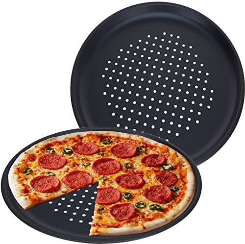 GEEZY Large Non-Stick Pizza Baking Tray 32cm (12.5) - Set of 2, Round Carbon Steel, Perforated Holes, Dishwasher, Fridge, Freezer Safe - Pizza Pan & Plate for Oven, Flatbread, Family Meals