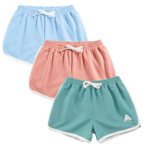 Rolanko Enfant Shorts Fille Sports Coton Danse Short Gymnastique Été D'entraînement Hot Pant pour La Course Lot De 2 (Bleu Ciel Rose Vert, Taille:140, 8-9 Ans)