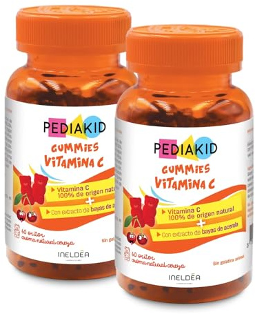PEDIAKID - Vitamin C Gums - Natürliche Formel mit köstlichem Kirscharoma - Hilft, Müdigkeit zu reduzieren - Unterstützt den Energiestoffwechsel und die Abwehrkräfte - 2 x 60 Gums