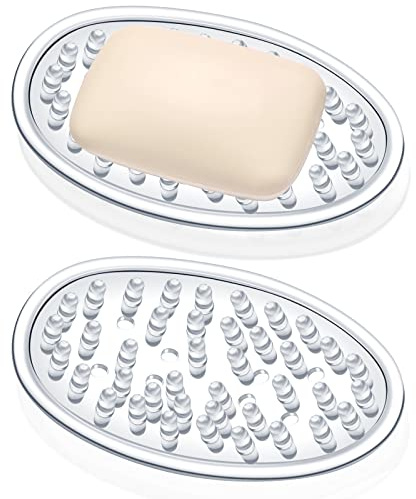 Yoande 2 Pcs Plastic Soap Holder Soap Dish Bar Saver Tray with Holes Sponge Holder for Kitchen Bathroom Shower Counter, 4.5 x 3 x 0.7 Inches (Clear)
