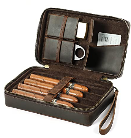 Contacts Bärbar rese-humidor med cigarrskärare och tändarfack, läder 4 cigarrfodral (inga tillbehör/cigarr), multifunktionell organiseringslåda för cigarr med handledsrem