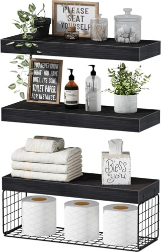 QEEIG Bathroom Shelves Over Toilet - Wall Mounted Floating Shelves Toilet Paper Storage Small Farmhouse Decor Shelf 16 inch Set of 3, Black (019-B3)