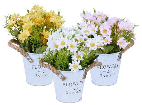 Relaxdays konstgjorda blommor i kruka, uppsättning av 3 konstgjorda växter, krysantemum, konstgjord växt, H x D: 20 x 15 cm, gul/vit/rosa