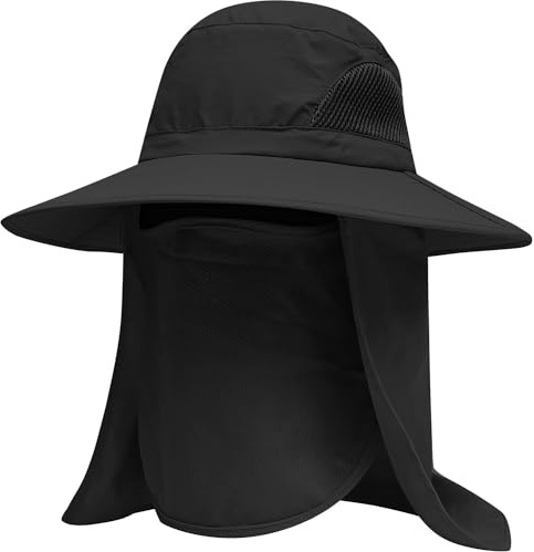 EINSKEY Sun Hat with Neck Flap, UV Protection Waterproof Safari Cap Wide Brim Bucket Hat for Fishing Gardening Hiking Hunting, 07 Black (Full Coverage)