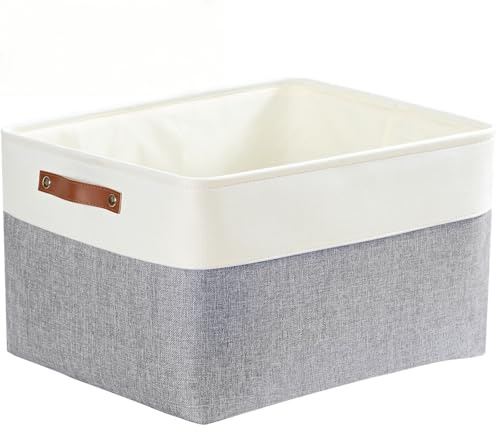 Mangata Fabric Storage Boxes, Thickened Canvas Storage Baskets with Handle for Shelves, Clothes Toys(L, Grey/White, without Drawstring,1 Pcs)