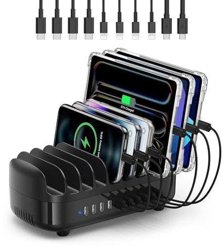 ORICO 120W Estación De Carga para Múltiples Dispositivos, Nueva Actualización 10 Puertos USB Estación De Carga con Ventilador De Refrigeración, Compatible con iPhone,iPads,Android y Tabletas