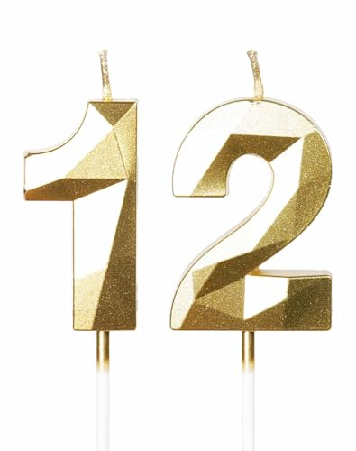 mciskin Gold 12th Birthday Candles, 3D Number 12 Candles for Cake, Girls Boys 12th Birthday Decorations,Pearl Gold Candle Cake Topper Decorations for Birthday Party Weddings Anniversary Supplies