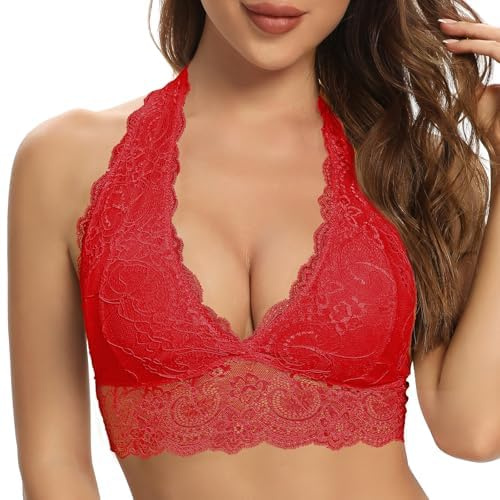 SHEKINI Soutien-gorge à lacets au cou, pour femme, en dentelle, avec fleurs, en triangle, sans armature, amovible, rembourré, décolleté profond, Corset top sexy, Couleur: rouge, L