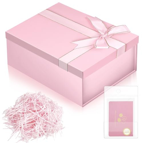 Geschenkbox mit Deckel Schleife Faltbare Geschenkkarton Verpackungsbox Geschenkboxen Geschenkverpackung Box mit Geschreddertes Papier für Hochzeit Geburtstag Weihnachten Jubiläum (Rosa)