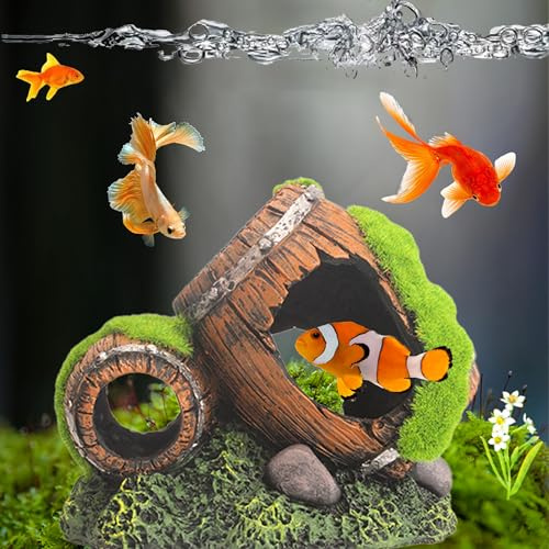 DXIA Adornos para Acuario, Adorno para Acuario con Diseño de Cueva y Arbol, Decoración Barriles para Decoración de Acuario, Resina, Acuarios Puente Decorativo Accesorios