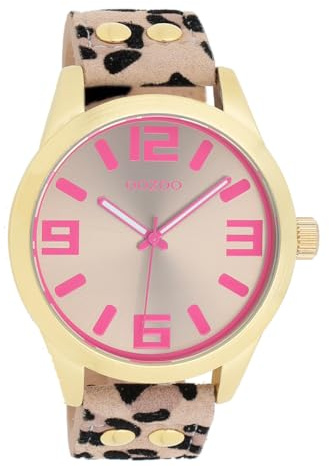 Oozoo Timepieces XL 46 mm Unisex Uhr in Leopard/Taupe/Pink - Armbanduhr Unisex mit Lederarmband | Hochwertige Uhr - Edle Analog Unisexuhr in rund C1099