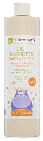 La Saponaria | Gel de baño ecológico para cuerpo y cabello de bebés y niños, ultradelicado, no irrita los ojos, con aceite de albaricoque y extractos biológicos