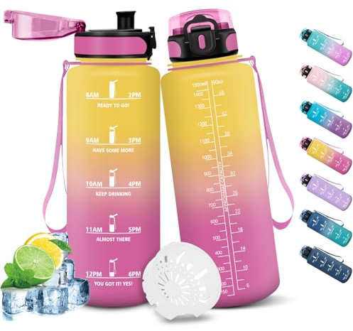 HoneyHolly Trinkflasche 1500ML, Auslaufsicher mit Zeitmarkierung, Water Bottle, Trinkflaschen mit Filter, Trinkflasche Kohlensäure Geeignet, Wasserflasche für Wandern, Laufen, Radfahren