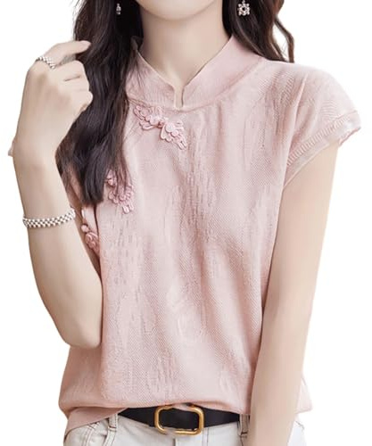 Mujeres Chino Cheongsam Camisa 3/4 Manga Blusa Slim Fit V Cuello tee Tops Tradicional Estilo Asiático