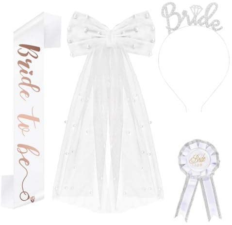 Despedida de Soltera Accesorios, 4PCS Bride to Be Accesorios,Kit Sposa Addio al Nubilato,Fascia,Velo con Fiocco,Distintivo,Cerchietto