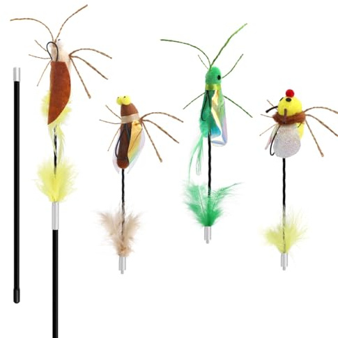 SONGWAY Giocattolo per gatti Angel con piuma – Set di pesca per gatti con 2 bastoncini e 4 esche per insetti, piuma, giocattolo interattivo per gatti e gatti
