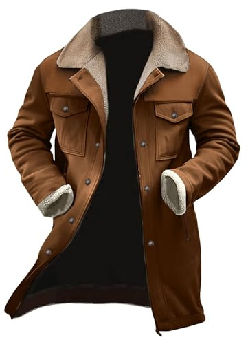 Manteau en cuir marron pour homme - Long manteau d'hiver pour homme - Veste de sport d'extérieur coupe-vent - Veste d'hiver élégante - Décontractée - Veste thermique légère - Imperméable - Veste