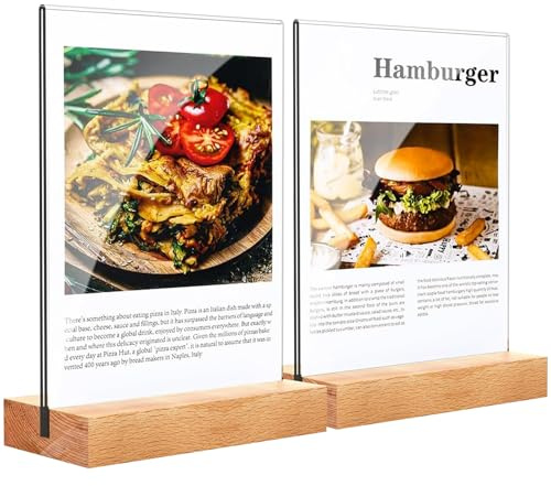 Maridergo 2 Pieces A4 Acrylic Sign Holder with Wooden Base, A4 Clear Menu Holders Double-Side Table Display Stand Poster Holder, T-Shape Perspex Display Holder for Restaurants, Hotels, Store, Office