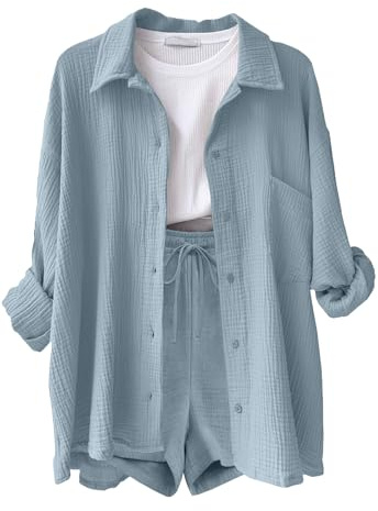 CheChury Femme Ensembles en Lin Chemise Manches Longues et Shorts Chic et Elegant Survêtement été Décontracté Ensemble été 2 pièces Tenue Loungewear,Bleu,M