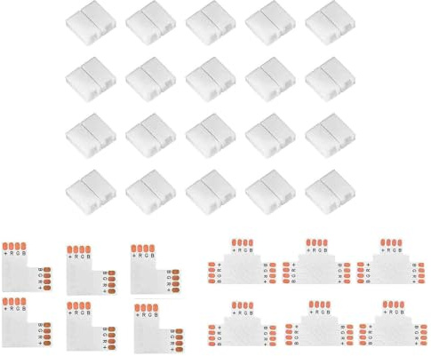 ENQIMAOYI LED-remsa ljuskontakter för 4-stifts 8 mm RGB-ljus, 20 st lödlösa mellanrumslösa anslutningsklämmor, 6 st T-form, 6 st L-form för SMD 5050 3528 RGB LED-remsor (4 stift 8 mm +L+T)