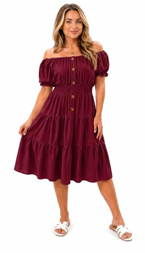 Pretty Attitude Women's Off Shoulder Midi Dress Summer Smocked Waist Button Front Tiered Swing Dress Short Puff Sleeve Casual Holiday Dress One Size