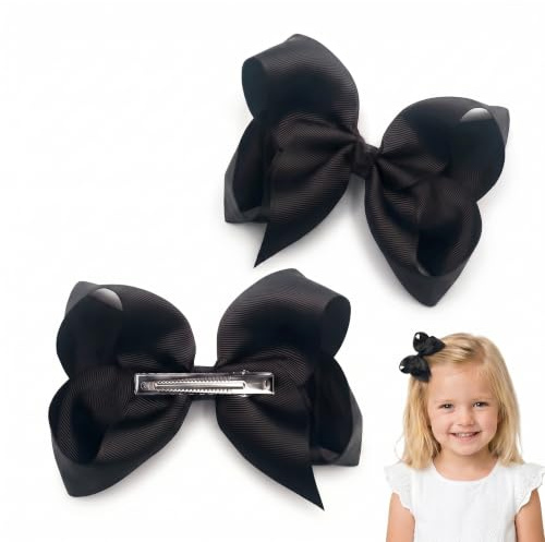 2 Pcs Hair Bow,6 Inch Black Bow Hair Clips,Grosgrain Ribbon Clips,Ponytail Holder,Hair Bows for Girls,Fashionable Hairs Pins,Hairs Clip Bow,Duckbill Clip,Barrettes for Birthday Gifts,Kids,Baby,Women
