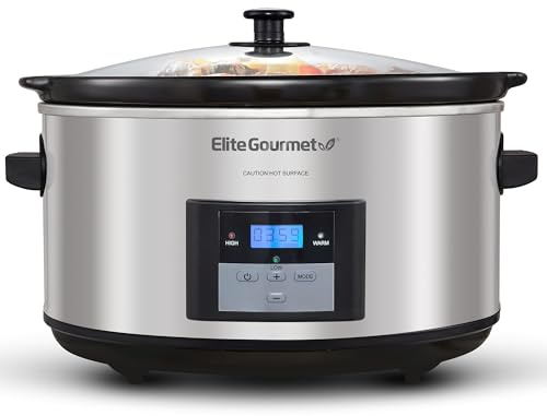 Elite Gourmet MST-900D 8.5Qt Digital Programmable XL Jumbo Slow Cooker, Adjustable Temp, Entrees, Sauces, Stews & Dips, Dishwasher Safe Glass Lid & Crock, Stainless Steel