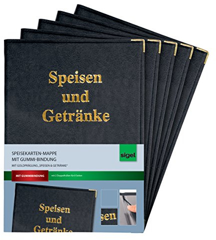 SIGEL SM100/5 Speisekarten-Mappen für A4, Menükarte, 5er Pack, mit Gummi-Bindung, schwarz mit Goldprägung, strapazierfähig und leicht abwischbar