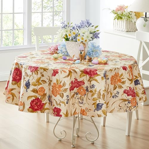 Newbridge Nicolette Multicolor Floral Vinyl Flannel Backed Tablecloth, Traditional Tapestry Flower Design, Easy Care Wipe Clean Indoor Outdoor Table Cover, 70 Inch Round