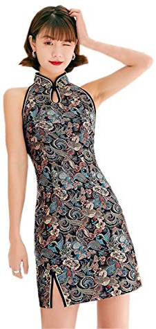 ACVIP Qipao Robe à fleurs sans manches pour femme - - XXL:poitrine 96 cm