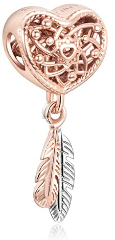 Annmors Aushöhlen Herz Traumfänger Halsketten Charms Feder Anhänger 925 Sterling Silber Sparkling Rosegold Bead für europäische Armbänder und Halskette