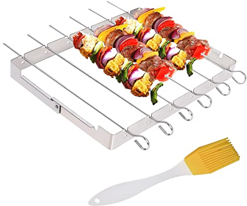 BBQ Skewers Stainless Steel Kebab Rack, 6 Kebab Skewers with Foldable Grill Rack Metal Barbecue Accessories with Oil Brush for Party Picnic Gekufa
