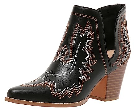 Cowboy Boots for Women Cowgirl Ankle Western Embroidered Stitched Pointed Toe Cutout Chunky Heels Short Booties Red Brown Black US5-11, black, 8