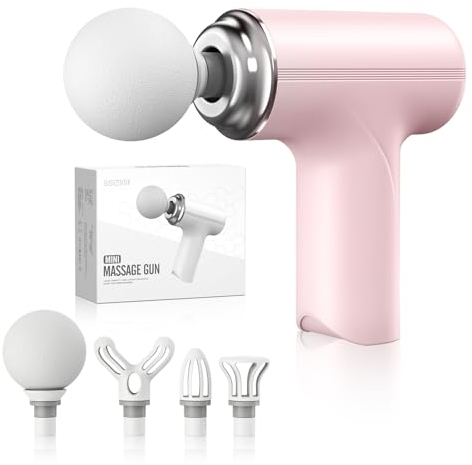 Massagepistole, Tragbare Muskel Massagepistole mit 6 Geschwindigkeiten, Perkussions Massagegerät mit 4 Köpfen, Mini-Massagepistole für Körper Rücken Nacken Schulter (Rosa)