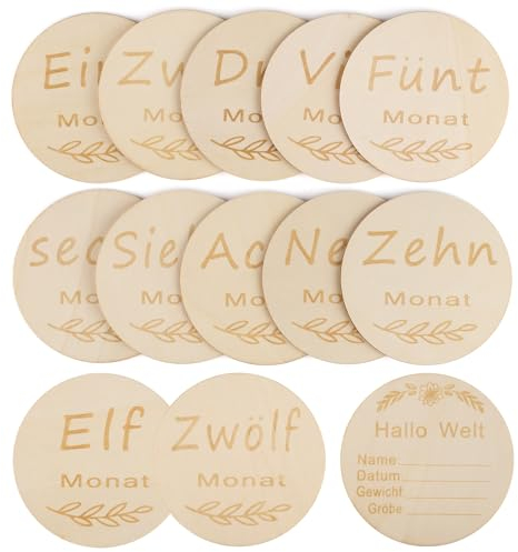 12 Stück Meilensteinkarten Baby, 10cm Laser Graviert Baby Meilensteinkarten, Meilensteinkarten mit Baby's Name, Datum, Gewicht, Größe, Baby Karten Meilensteine für Schwangere Frauen, Mütter
