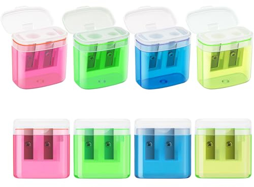JEFURE Sacapuntas Portátiles de 8 Piezas, 4 Colores, Doble Agujero con Tapa, para Lápices Gruesos y Finos, Maquineta para Niños, para Escuela y Oficina