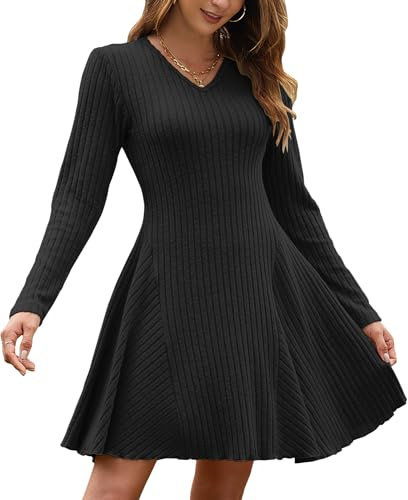 AUSELILY Robe Pull Femme Fin Automne Hiver Col V Manche Longue Chic et Elegant Noir M