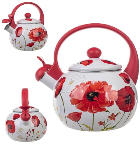 KADAX Wasserkessel, Kessel aus Edelstahl, 2.2L Flötenkessel, Wasserkocher für Induktion und Gasherd, Teekessel, Emaillekessel, Retro Kessel mit Pfeife (Mohnblume)