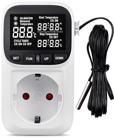 Temperaturregler, Digitaler Thermostat Steckdose, mit VA Bildschirm, Zeitschaltuhr Steckdose, Thermostate, Timer Steckdose, für Gewächshaus, Reptilien, Aquarium, Terrarium, Kühlschrank Fermentation