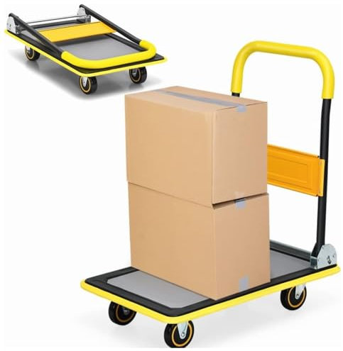 HOMFME Folding Platform Trolley, Heavy Duty Flatbed Platform Truck Dolly with Handle, Moving Push Hand Sack Truck Luggage Cart for Loading and Storage(Yellow,73x49x83cm,150kg Capacity)