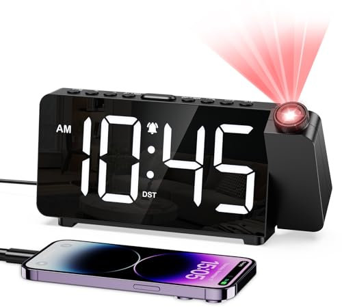 OQIMAX Wecker mit Projektion, 7,4 LED Wecker Digital 180° Projektor mit 3 Stufige Helligkeit & Einstellbare Brennweite, 5 Helligkeit & 3 Lautstärke Alarm Projektionswecker mit 12/24 Std, DST, Snooze