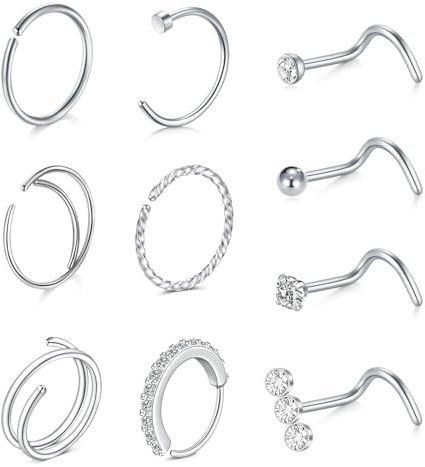 WillTen 10Pcs Nose Rings Corkscrew Nose Studs Silver, 20G Nose Rings Hoops Nose Screw Studs Stainless Steel L Shaped Nose Studs Nostril Nose Piercing Jewelry C Shape Nose Hoops for Women