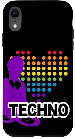 DJ avec tourne-disque et cœur, batterie et basse, techno Coque pour iPhone XR