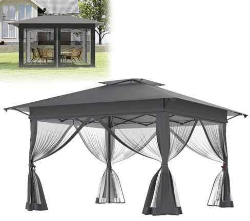 LZQ Gartenpavillon 4x4m Faltbar, Pop-Up Pavillon mit EIN-klick-HEBUNG, Netzseitenwänden, Höhenverstellbar, inkl. Tragetasche mit Rollen, UV-Schutz, für Garten Terrasse Hinterhof (Anthrazit)