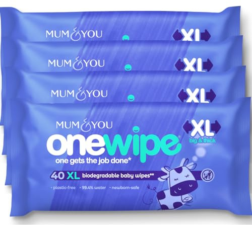 Mum & You Onewipe Baby Wipes Multipack, 100% Biodegradable Wet Wipes (4 Packs=160 wipes), 99.4% Water| Ideal for Sensitive Newborn Skin, 30% XL Wet Wipes Adults, Eco-Friendly Wipes for newborn baby