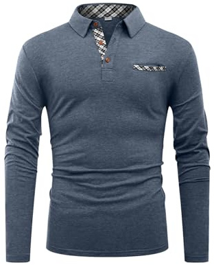 Hisir Polo Shirts for Men Cotton Long Sleeve T-Shirts Patchwork Collar Regular Tops Workwear with Real Pocket