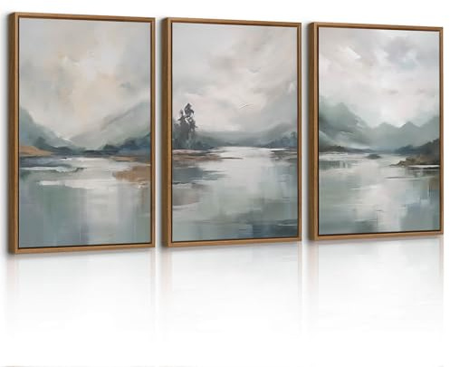 3Pcs Quadri Astratto Montagna Laghi Stampa Su Tela Con Cornice Quadro Neutro Natura Paesaggio Pittura Su Tela Nebbioso Blu Grigio Scenario Poster Decorazione Murale Soggiorno Camera Da Letto 40x60x3
